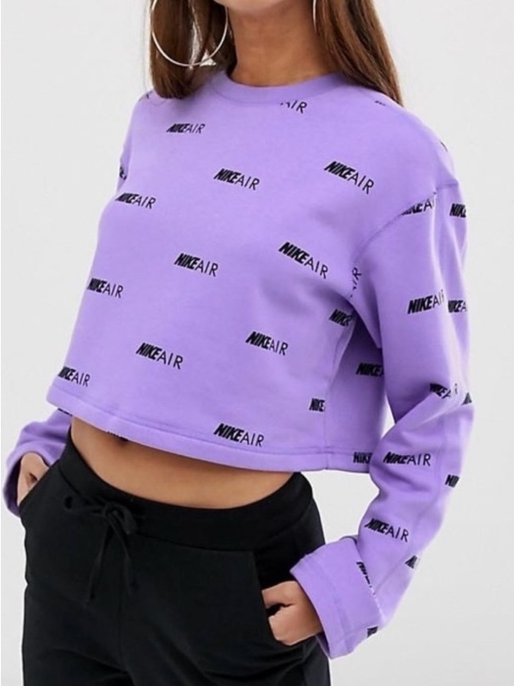 Nike Air Lilac Cropped All-Over Logo Print Fleece Crewneck Sweatshirt Size XL